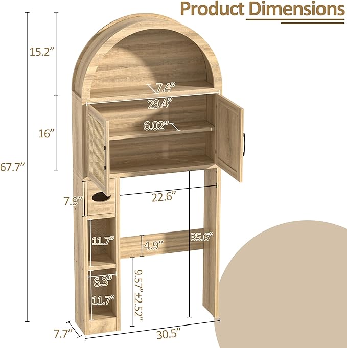 Spurgehom Over The Toilet Storage Cabinet, Bathroom Shelf Organizer Freestanding, Bathroom Arch Cabinet Over Toilet with Toilet Paper Holder and Anti-Tipping Device (Wood & Wicker Door)
