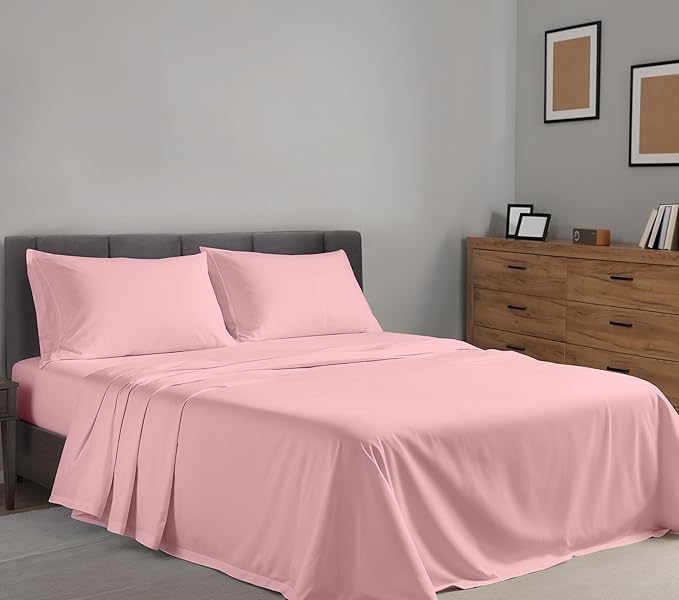RUVANTI 100% Cotton Sheets Queen Size Set, 4 Pieces, Soft & Breathable Percale Weave Bedding, Deep Pocket 16", Hotel Standard, Crisp Cool Feeling, Durable, Perfect Dyed Bed Sheet, Bridal Rose