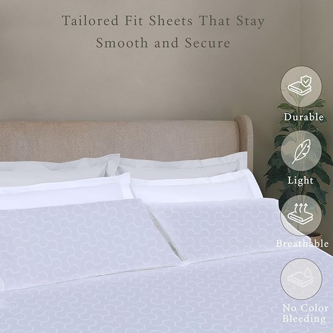 Threadmill 500 Thread Count Twin Size 3 Pc Luxury Cotton Bedding Set, Jacquard Floria Hotel White, Breathable Sheets with 15" Elasticized Deep Pocket, 1 Pillowcase & Free Tote Bag