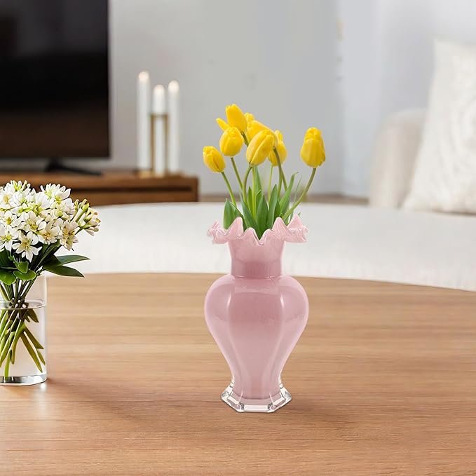 Pearlescent Handblown Glass Vase Wide Mouth Wavy Pattern Artistic Flower Pot Tabletop Glass Bud Vase for Home Dining Living Office Entryway Kitchen Pink Centerpiece Decor