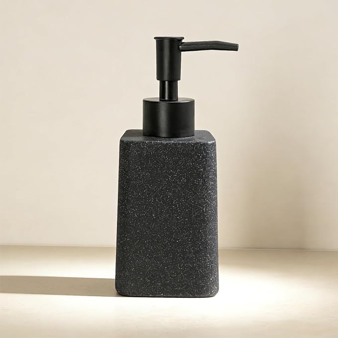 Bathroom & Kitchen Countertop Soap Dispenser, Modern Sandstone-Look Resin Bottle with ABS Pump, Durable Shatter-Resistant 8.5 oz Dispenser (Black)