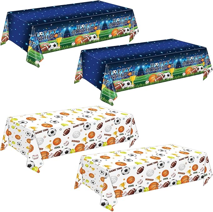 4 Pack Sports Tablecloths, 54 x 108 Inch, Multicolor, Rectangular, Plastic, Sports Party, Spill Resistant, Wipe Clean