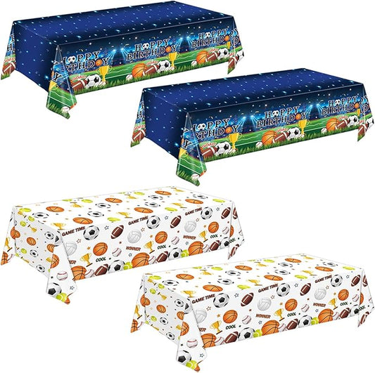 4 Pack Sports Tablecloths, 54 x 108 Inch, Multicolor, Rectangular, Plastic, Sports Party, Spill Resistant, Wipe Clean