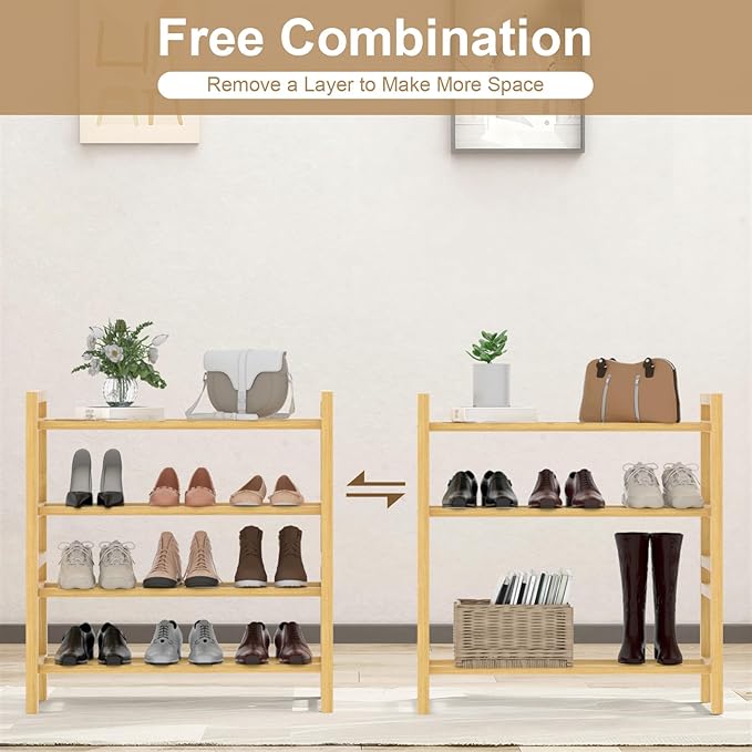Haddockway Bamboo Shoe Rack for Closet, Free Standing Shoe Organizer with Smooth Round Rods & Convenient Handles, Stackable Shoe Storage Shelf for Entryway, Hallway(Natural, 4-Tier(Small))