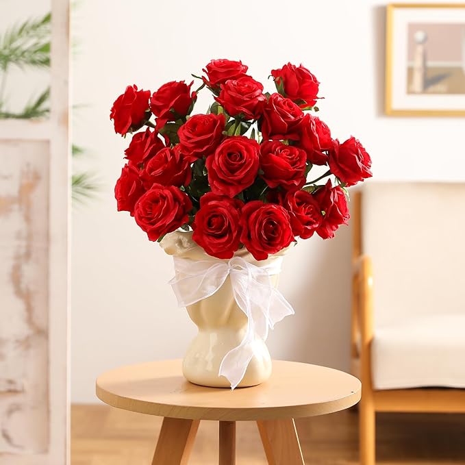 Kisflower 60 Pcs Red Roses Artificial Flowers Bulk, Silk Roses with Stems Real Look Artificial Red Roses for Decoration DIY Wedding Bouquet Bridal Shower Party Home Table Centerpieces Decor (Red)