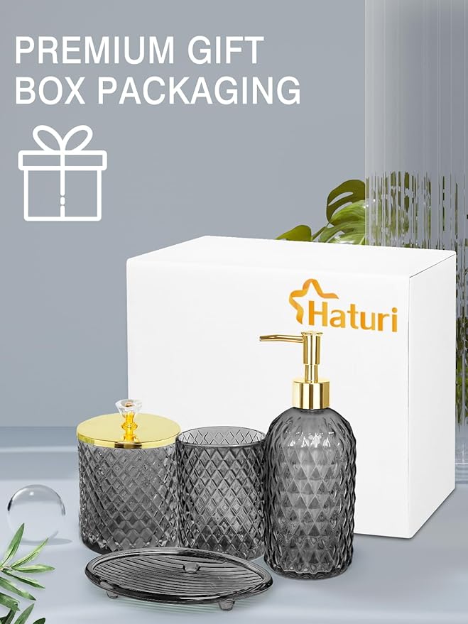 Haturi Gray Glass Bathroom Accessories Set, 4-Piece - Lotion Soap Dispenser, Toothbrush Holder, Cotton Swab Jar & Soap Dish – Elegant Gold Accent for Countertop & Housewarming Gift