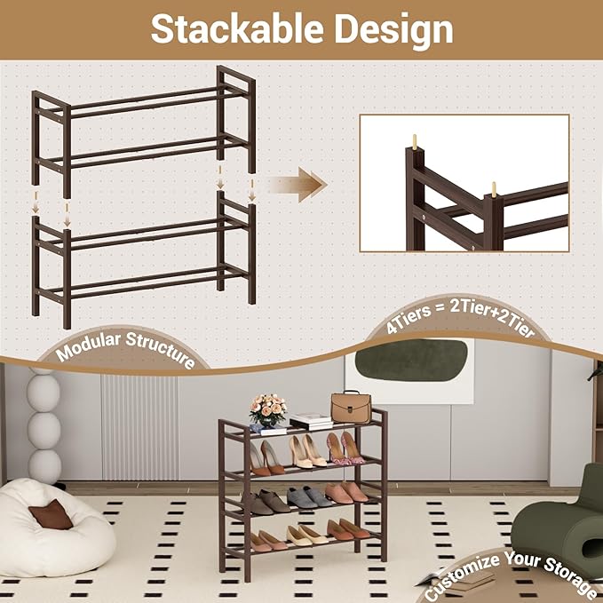 Haddockway Bamboo Shoe Rack for Closet, Free Standing Shoe Organizer with Smooth Round Rods & Convenient Handles, Stackable Shoe Storage Shelf for Entryway, Hallway(Brown, 4-Tier)