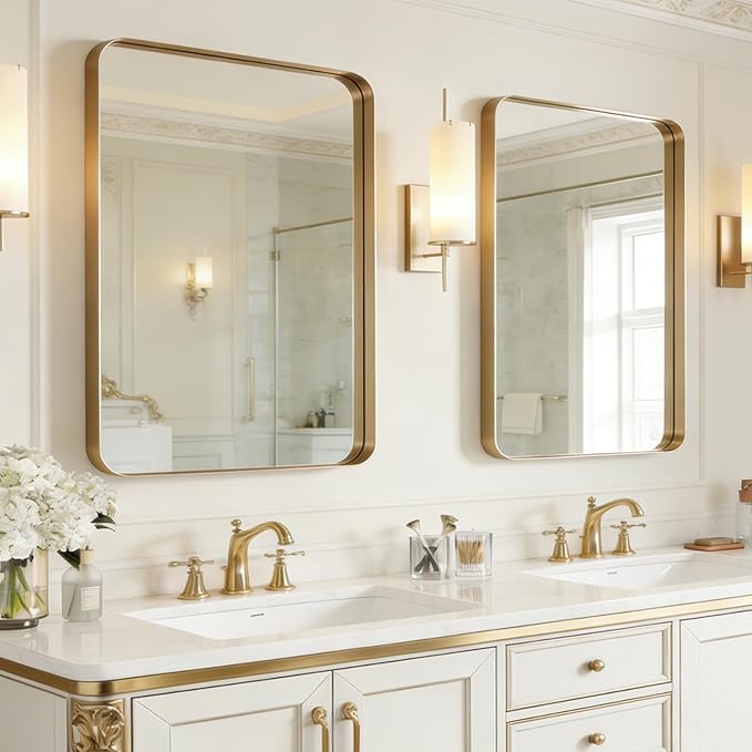 USHOWER Gold Bathroom Mirrors 22"x30" 2 Pack, Brushed Gold Rounded Rectangle Mirrors for Over Sink, Aluminum Frame, Anti-Rust, Tempered Glass, Horizontal or Vertical Mounted