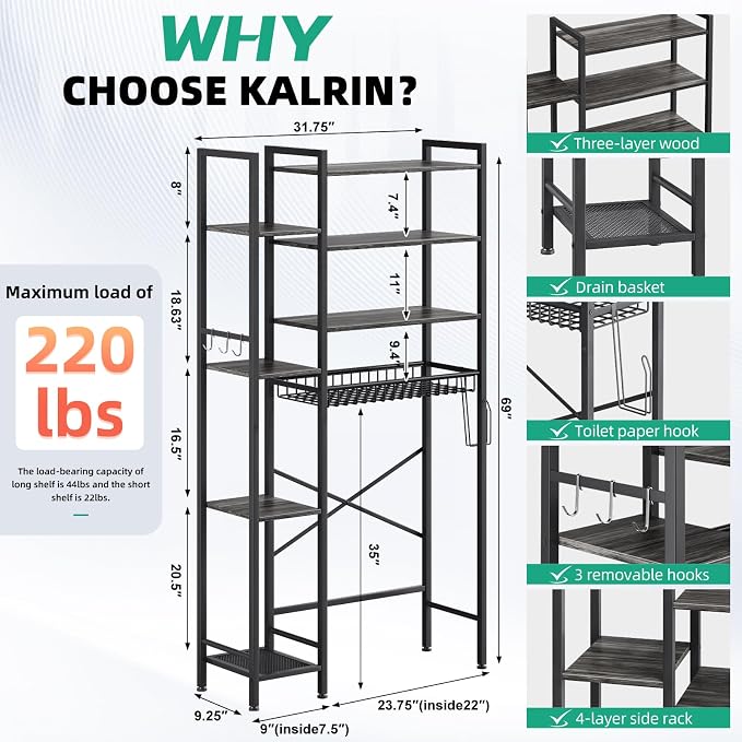 Kalrin 8-Tier Over The Toilet Storage with Side Rack, Over Toilet Storage Rack with Adjustable Shelf & Drain Basket, Freestanding Bathroom Organizer for Balcony, Laundry (Modern Grey)