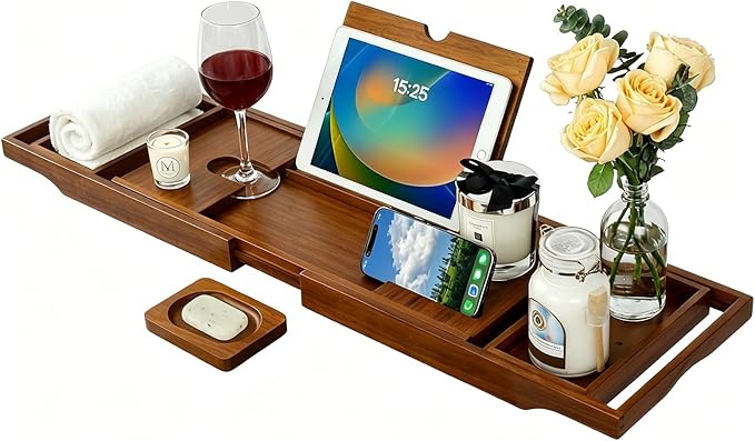 Expandable Solid Teak Wood Bathtub Caddy Tray, Adjustable Bath Tub Organizer for Bathroom Spa, Luxury Bath Accessories (Dark Natural Teak, Non‑Foldable Structure)