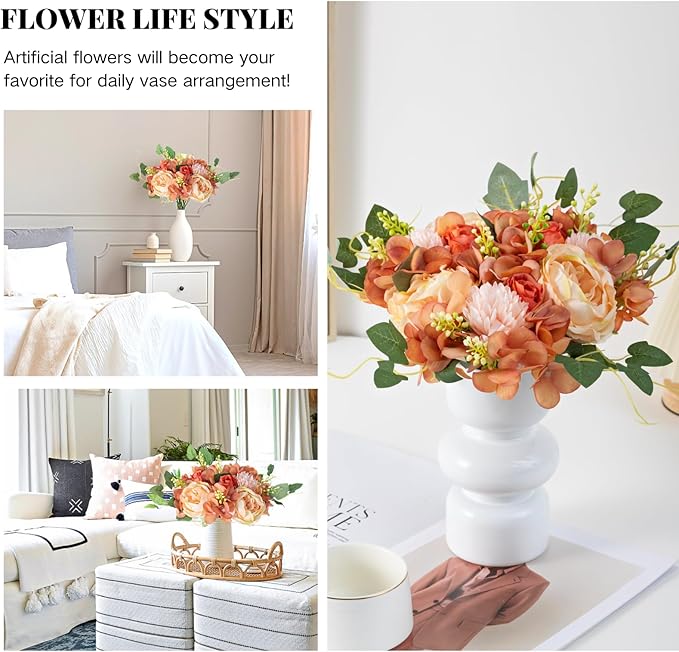 ASTRYAS 2 Bundles Artificial Flowers Bouquet, Fake Peony Silk Chrysanthemums Roses Faux Floral Arrangements for Home Decor Kitchen Table Centerpieces Decoration (Beige & Orange)