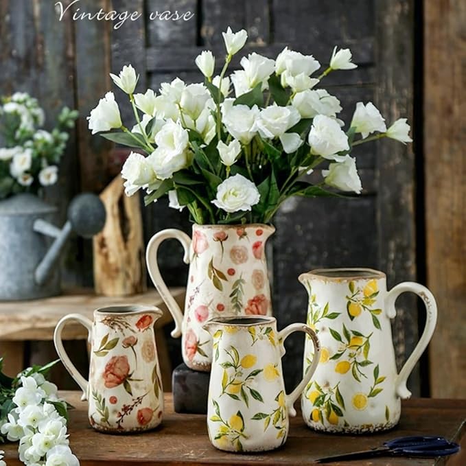 Retro Rustic Large Ceramic Vase with Handle, Distressed Farmhouse Pitcher for Home, Ideal Shelf Decor Floral Vase for Living Room Bedroom Office Table Centerpiece Decorations 9 Inch