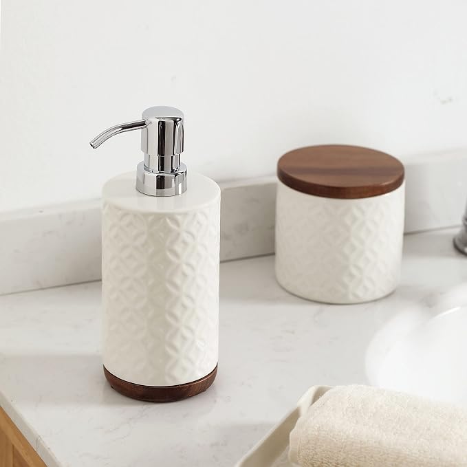 Bathroom Accessories Set, 5-Piece Ceramic and Wood Bath Accessory Complete Set with Lotion Dispenser/Soap Pump, Cotton Jar, Vanity Tray, Tumbler and Toothbrush Holder (White and Beige)