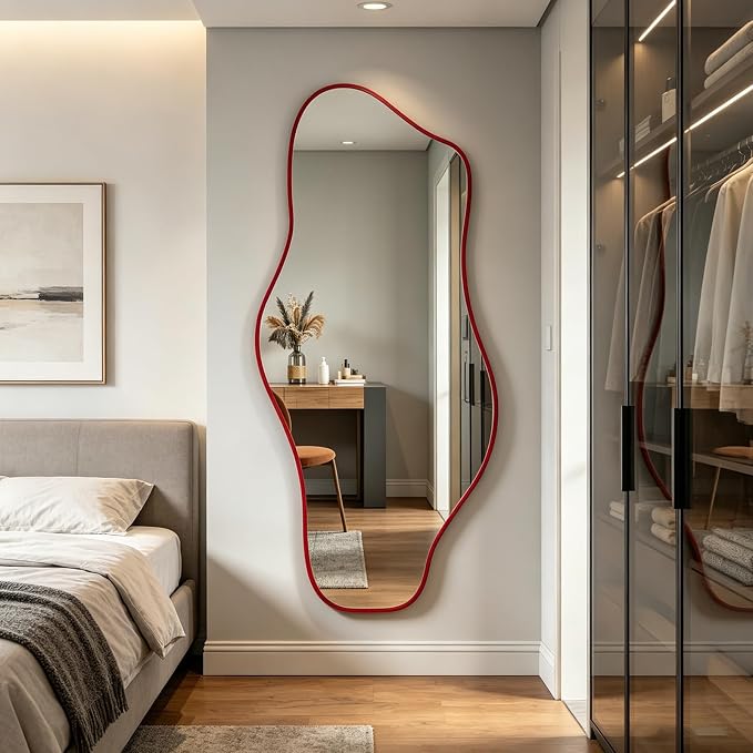 Irregular Mirror Full Length, 67"x31" Red Asymmetrical Tempered Glass Mirror, Large Organic Frameless Wall Mirrors for Entryway Hallway Bedroom Living Room, Horizontal or Vertical Hanging