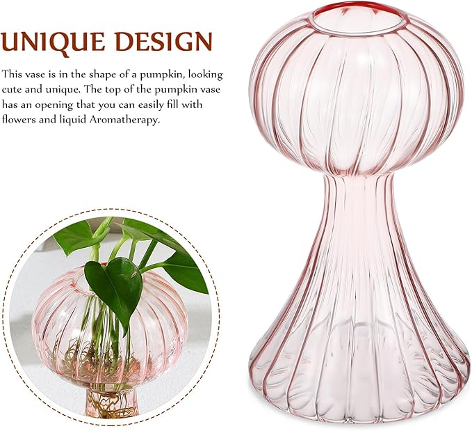 VANZACK 2Pcs Vintage Handblown Glass Pumpkin Vase Small Clear Flower Pots in Pink and Light Orange for Home Kitchen Office Decor Cute Wide-Mouth Design Smooth Surface Easy to Clean