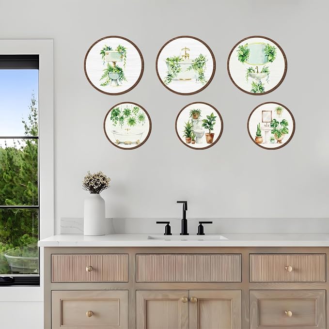 TOARTi 6pcs Minimalist Botanical Bathroom Wall Art Set(9.9”x3/7.9”x3) Round Sage Green Plant Wall Hanging Farmhouse Plant Toilet Wooden Sign Sage Botanical Wall Decor for Washroom Toilet