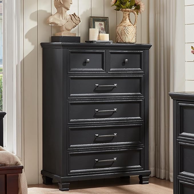 Farmhouse 6 Drawer Dresser for Bedroom, 45 Inch Tall Vintage Wood Chest of Drawers, Mid-Century Dressers w/Square Wooden Legs, Rustic Storage Organizer for Living Room, Hallway, Black