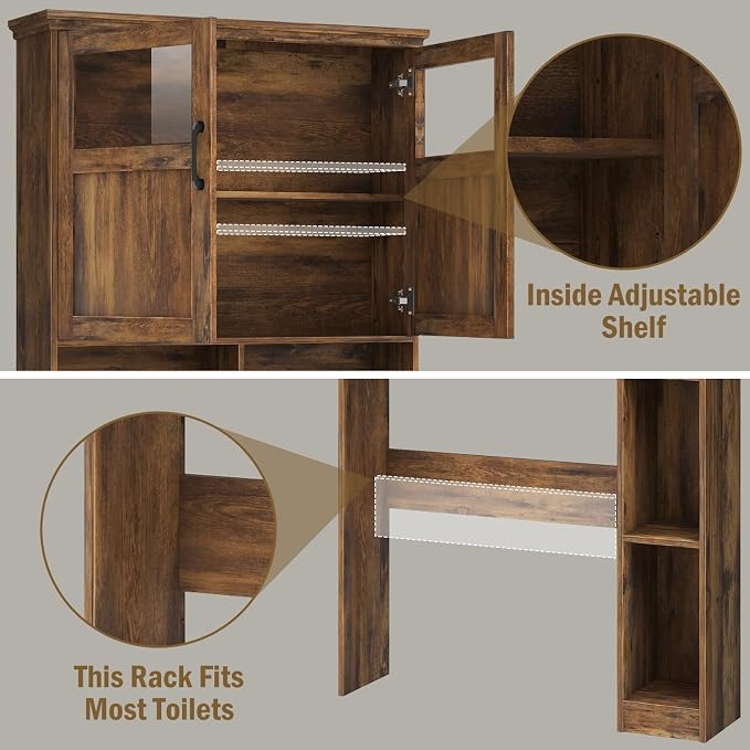Vabches Over The Toilet Storage Cabinet With Double Doors & Paper Holder Stand, Freestanding Shelf Space Saver With Anti-Tip Design & Adjustable Shelf, Brown