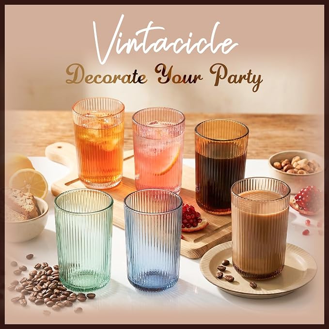 Colored Ribbed Highball Glasses Set of 6, 13.2oz Vintage Colored Glassware, Drinking Glasses for Water, Juice, Iced Coffee, Cocktails, Multicolor Glass Cups, Housewarming Christmas Gift