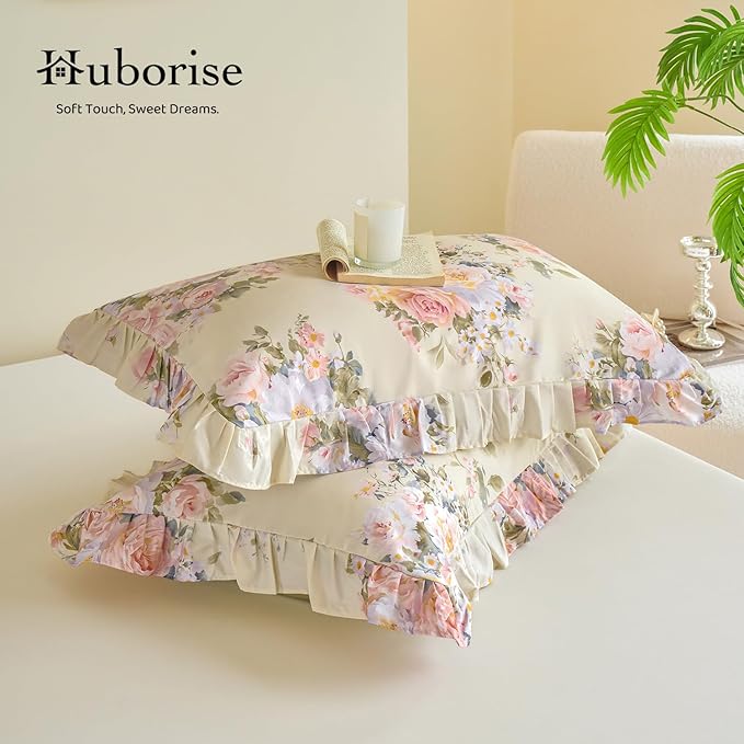 Ruffle Floral Duvet Cover Set 100% Cotton King Size, Shabby Blush Pink Cream Rose Comforter Cover, Satin Weave, Soft & Breathable, French Country Cottagecore Bedding 3Pcs-Not Comforter