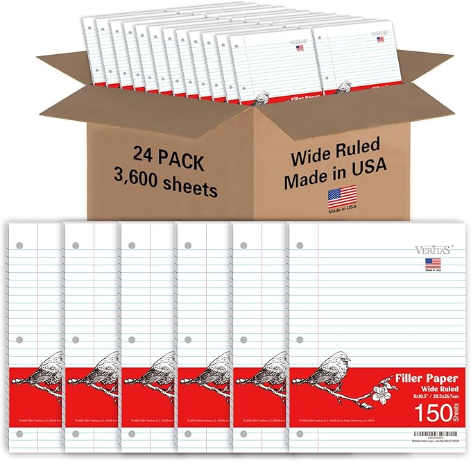 WritePads Loose Leaf Notebook Paper, 8"x10-1/2" Wide Ruled Lined Paper, Bulk Filler Paper, 3 Hole Punched For 3 Ring Binder, 150 Sheets/Pack, 24PK Per Carton, 3600 Sheets, Made In USA