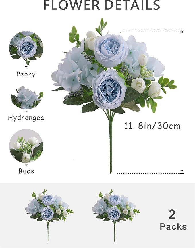 2 Bunches Artificial Peonies Flowers Silk Blue Peonies Fake Hydrangea Flowers Arrangements Table Centerpiece Faux Flores for Bridal Wedding Home Decor (2, Blue White)