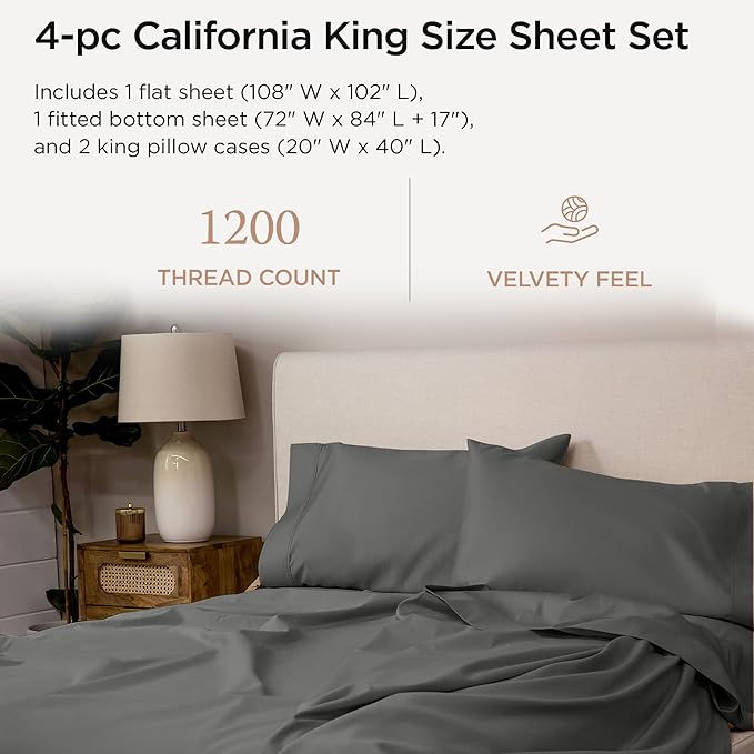 Threadmill 100% Supima Cotton Sheets, 1200 Thread Count Cotton Sheets for Cal King Size Bed, 4 Pc Dark Grey Cal King Bed Sheets Set, 5-Star Hotel Quality, Elasticized Deep Pocket Cal King Sheet