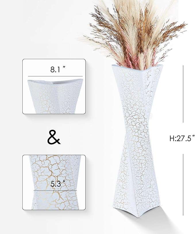 27.5 Inch (Ice Crack White) Tall Floor Vase for Home Decor - Modern Freestanding Vase with Textured Finish, Handmade Design for Pampas Grass, Artificial Flowers, Farmhouse Living Room Corner Décor