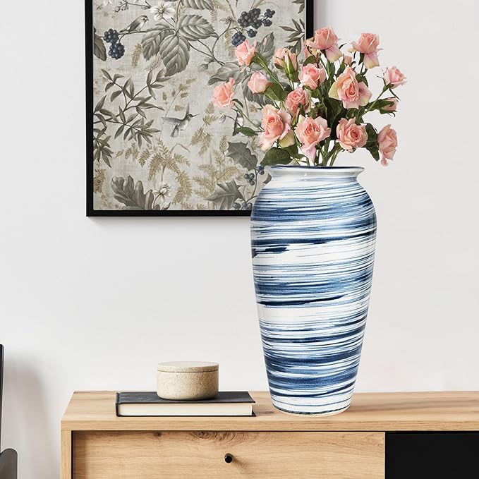 Decorative Ceramic Boho Floor Vase, 12 Inch Blue White Striped Tall Modern Flower Vase for Home Decor, Smooth Glaze Pottery Decor for Living Room,Entryway,Office,Shelf,Centerpieces Decor,Housewarming