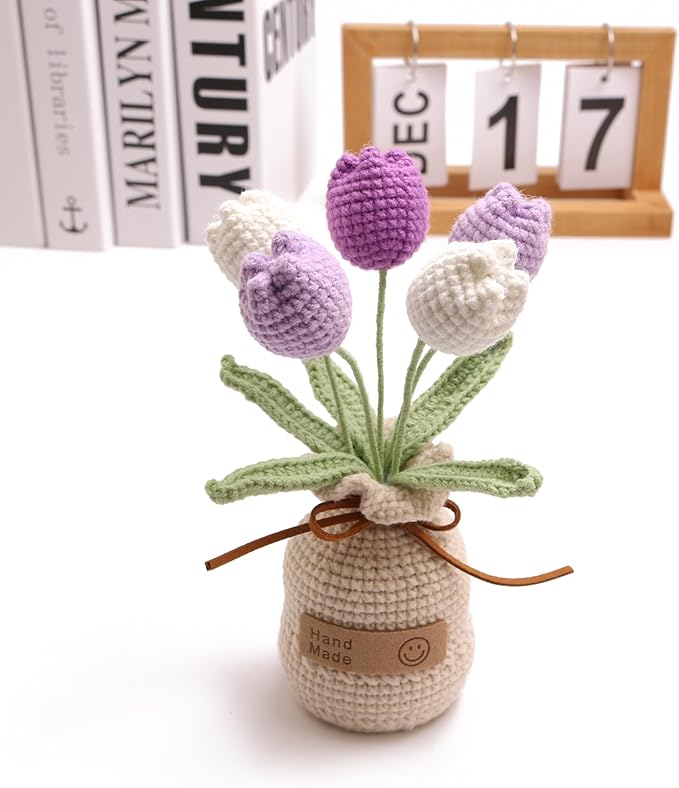 Crochet Woven Tulips with Wool,Simulation Plant Crochet Hand-Woven Flowers for Home Room Table Office Ornaments and Birthday Gifts for Family Friends Anniversary (5 Flowers-Purple)