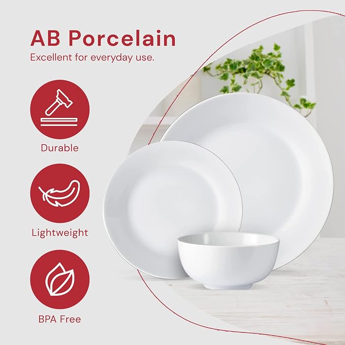 Safdie & Co. 12-Piece Modern Porcelain Ceramic Rim Aspen Dinner Set, Stackable, Lightweight Design for Everyday Use, in White Sketch
