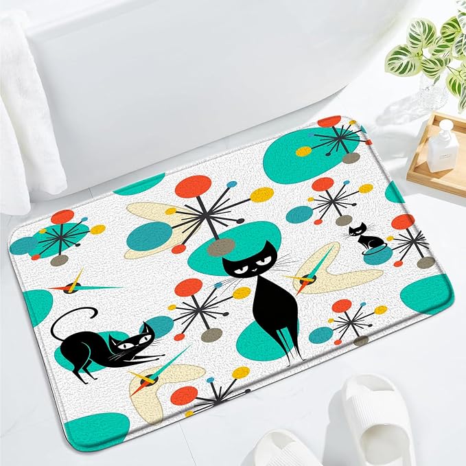 Mid Century Black Cat Bath Mat,Teal Orange Modern Atomic Geometric Bathroom Rug Shower Floor,Retro 50s 60s Vintage Bath Rug,Absorbent Doormat Bedroom Rug Kitchen Toilet