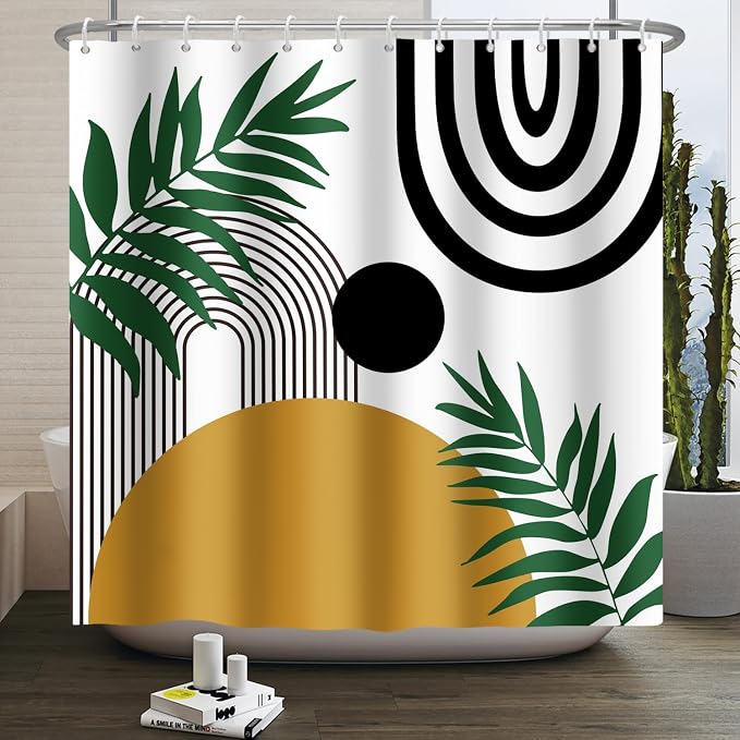 Boho Mid Century Shower Curtain Bohemian Abstract Modern Sun Bathroom Curtain Geometric Arch Curve Leaves Polyester Shower Curtain Sets for Bathroom Extra Long 72x72 in with 12 Hooks