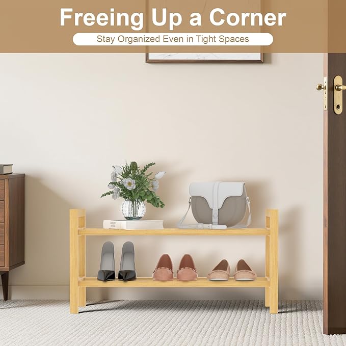 Haddockway Bamboo Shoe Rack for Closet, Free Standing Shoe Organizer with Smooth Round Rods & Convenient Handles, Stackable Shoe Storage Shelf for Entryway, Hallway(Natural, 2-Tier(Small))
