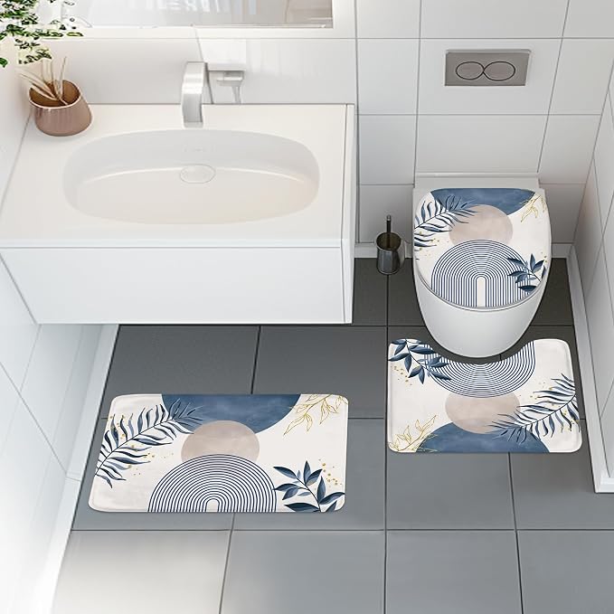 4 PCS Navy Blue Gray Boho 72Wx72H Shower Curtain Set Modern Mid Century Plant Bath Rug Toilet Lid Cover Nonslip U Shape Mat Quick Dry Rubber Backed Dirt Resistant Accessories Bathroom Decor