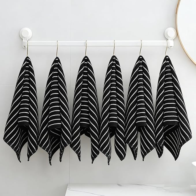 Premium Cotton Striped Hand Towels, White with Black Stripes, 13 x 29 Inches, Lightweight Quick-Dry Absorbent Bathroom Towels, 6 Piece Set (Black)