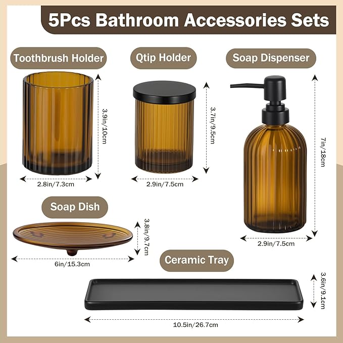 Shinowa Glass Bathroom Accessories Set, 5 Piece Luxury Bathroom Set with Soap Dispenser, Toothbrush Holder, Qtip Holder with Lid, Soap Dish & Tray, Modern Vanity Countertop Organizer, Brown + Black