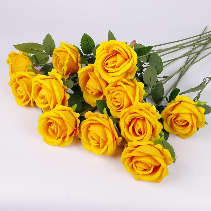 12 Pcs Artificial Rose Flowers, Silk Roses with Long Stems, Realistic Fake Roses for Wedding Centerpiece Party Home and Office DIY Decor, Yellow