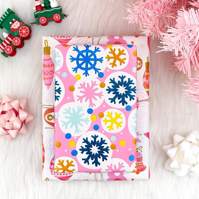MAYPLUSS Pink Christmas Wrapping Paper - Mini Roll - 17in x 120 in Per roll - Pink White Snowfakes, Unicorn,Bell for Xmas Gift Wrap Retro Christmas Ornaments,for Holiday, New Year (46.8sq.ft)