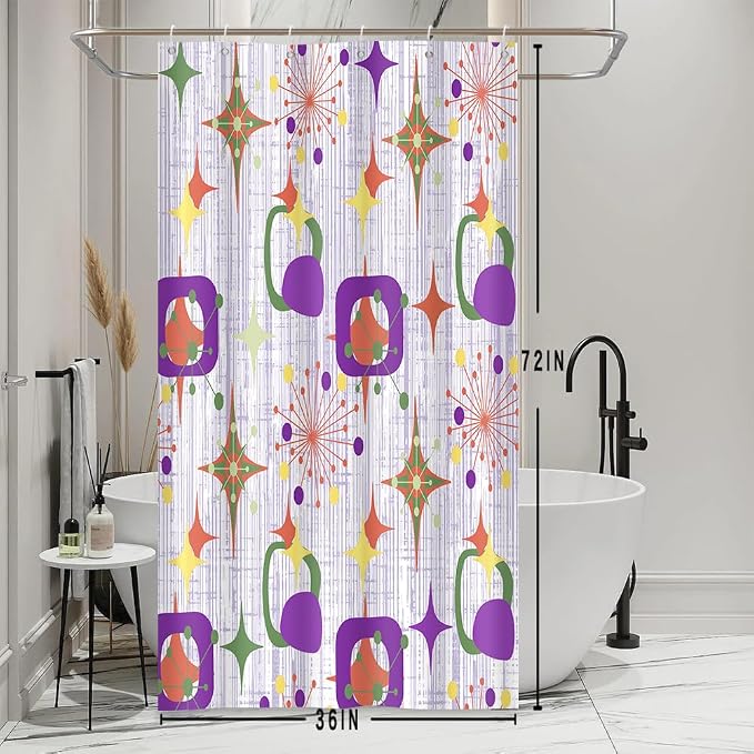 Mid Century Shower Curtain, 36x72inch, Modern Abstract Retro Purple Striped Geometric Shower Curtain Sets 1950s Boho Bathroom Shower Curtain with 6 Hooks