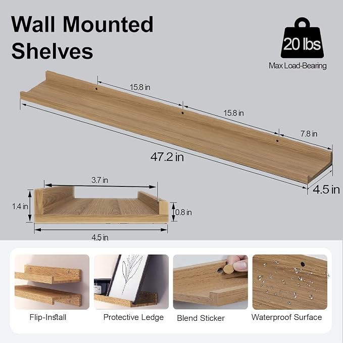Long Floating Shelves for Wall Decor, Long Wall Mounted Storage Shelf for Bedroom, Living Room, Bathroom, Kitchen, Nursery, Display Picture Ledge Shelf with Lip Set of 2-48 Inches, Oak