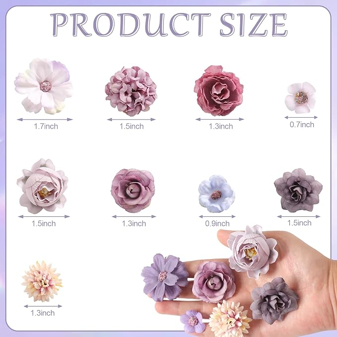 Faux Flower Heads Mini Purple Artificial Flower Heads Fake Peony Daisy Rose Flowers Multicolor Small Silk Daisy Flower Heads for Craft Garland Wedding Party DIY Home Decoration,2-4 cm