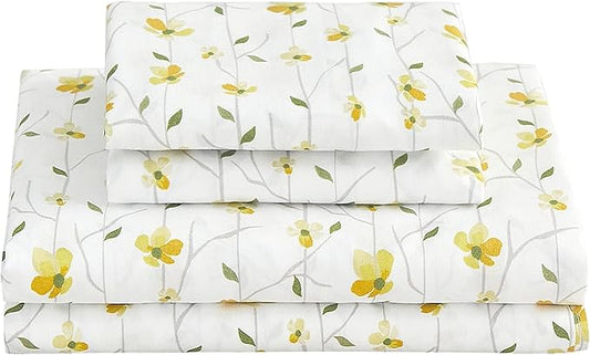 Softan Yellow Floral Bed Sheets Full Flower Printed Sheets - Patterned Microfiber Fitted Sheets Full with 15" Deep Pocket & Non-Slip Straps, Cute Flower Sheets & Pillowcase Set