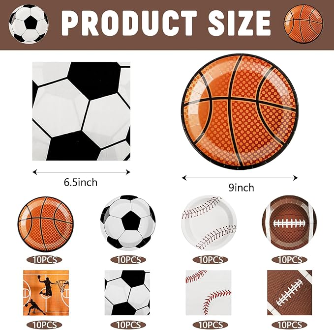 80 PCS Sports Birthday Party Decor, Sports Themed Plates Napkins Basketball Football Soccer Baseball Rugby Disposable Tableware Set for Baby Shower Boy Birthday Christmas Party Supplies (Serves 40)