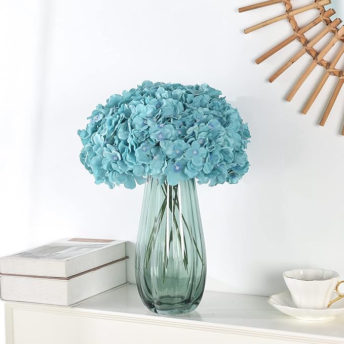 10PCS Artificial Hydrangea Flowers, Fake Hydrangea Silk Flowers Heads with Stems for Wedding Home Party Shop Baby Shower Decoration-Lake Blue