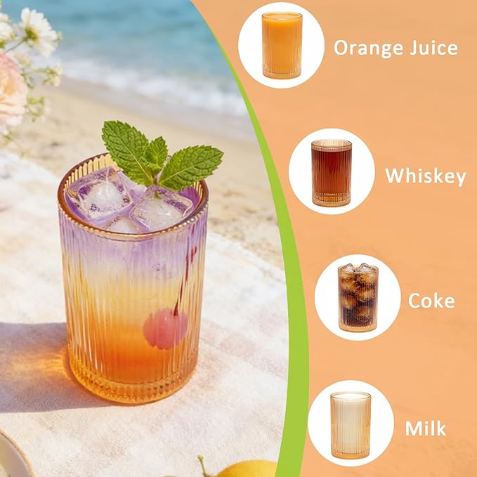18 oz Ribbed Drinking Glasses Set of 6, High Clear Vintage Iced Coffee Cups Elegant Glassware, Highball Glass Cups Ridged Glass Tumbler for Cocktail, Whiskey, Beer, Water, Juice, Origami Style Amber