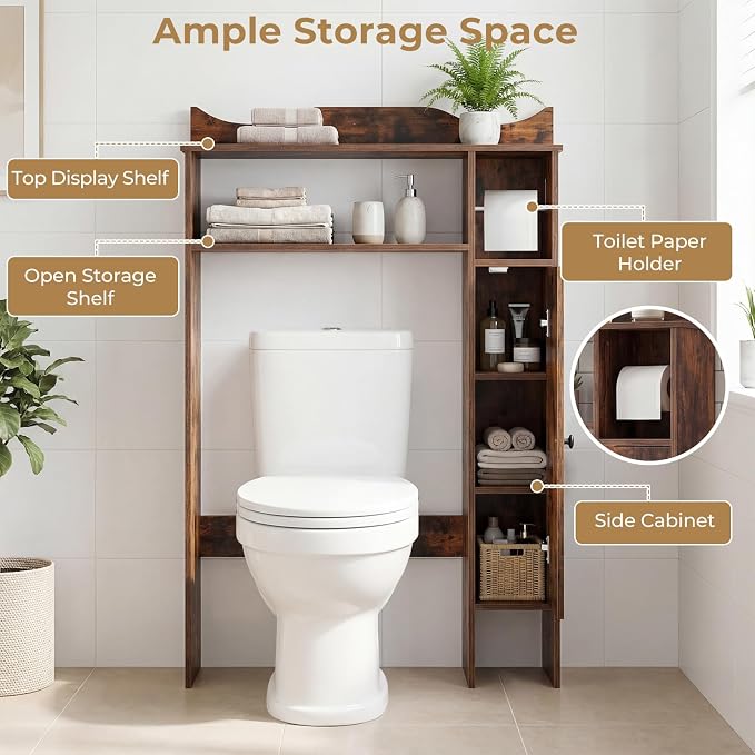 Tangkula Over the Toilet Storage Cabinet, Bathroom Organizer with Toilet Paper Holder, Adjustable Shelves, Freestanding Behind Toilet Stand, Perfect for Bathroom, Laundry (Modern, Rustic Brown)