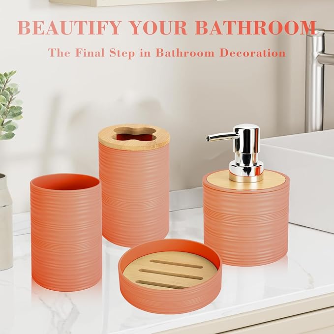 4 PCS Orange Bathroom Accessories Set, Includes a Soap Dispenser, Toothbrush Holder, Soap Dish and Mouthwash Cup, Plastics & Bamboo Bathroom Set, Bohemian Style Bathroom Sink Set