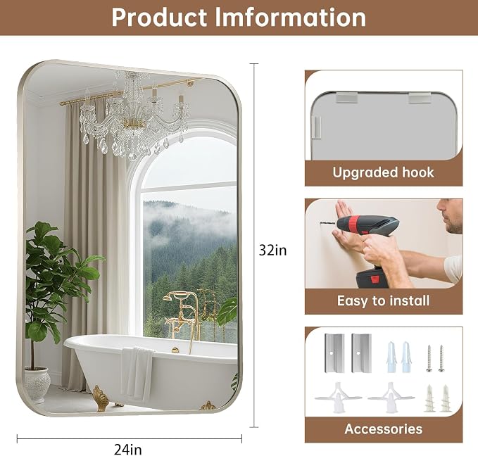 Brushed Nickel Mirror, 24"x32" Rectangle Bathroom Mirror, Metal Frame Rectangle Corner Vanity Mirror, Wall Mounted Mirror for Modern, Living Room, Bedroom, Horizontal Or Vertical