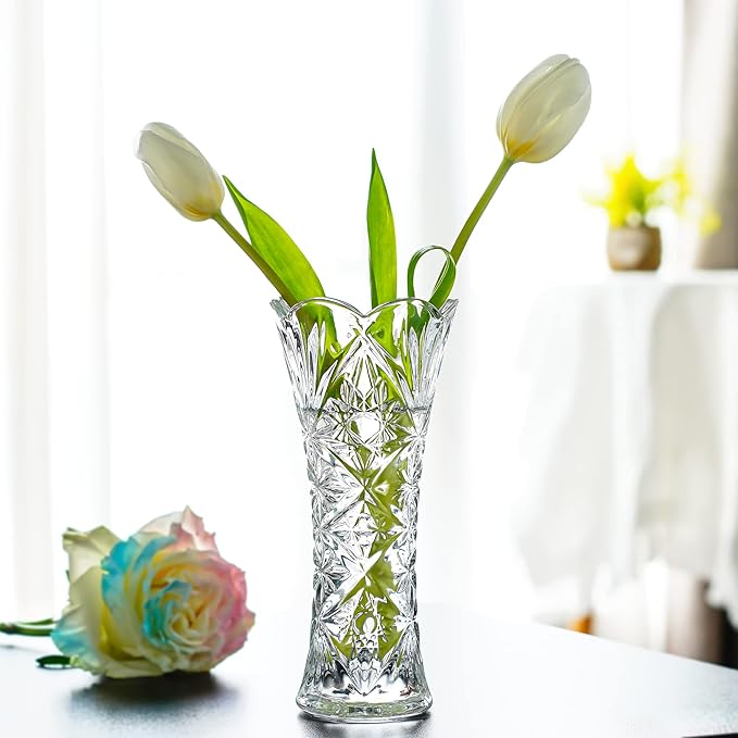 Kanpura 7.6" Clear Glass Flower Vase,Thickened Crystal Glass Vase for Flowers & Christmas Decor,Sunflower Design (1 Piece)